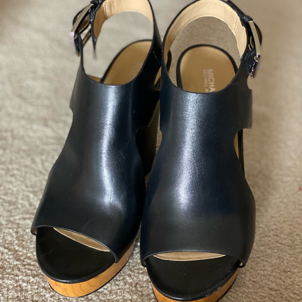 Michael Kors Josephine Black Wedge Sandals with wood heel